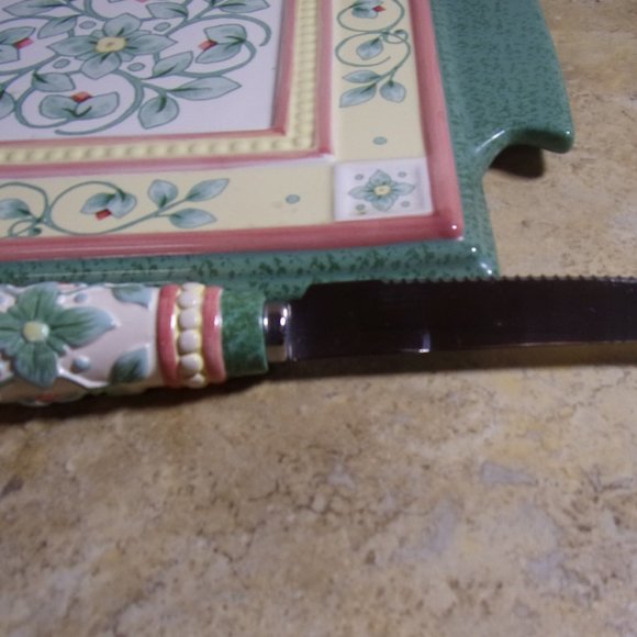 Cheese Board & Knife, Vintage Pfaltzgraff, Orleans Floral Green Pattern, GIFT - Picture 3 of 7